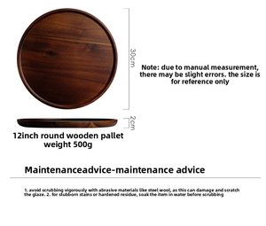 Detail showing a 30cm round wooden tray with natural grain, 2cm height, and 500g weight