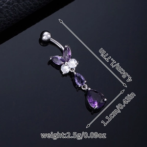Detailed size specifications for purple butterfly zircon belly button ring piercing