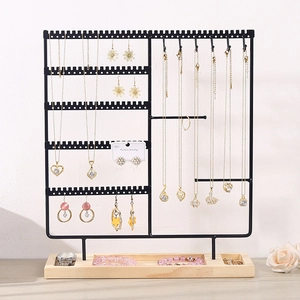 Modern wood and black metal jewelry stand for earrings and necklaces display