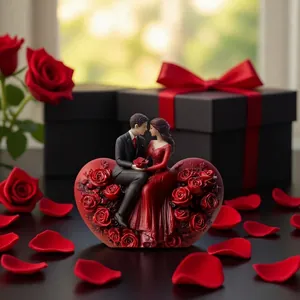Romantic heart-shaped couple figurine on red rose base for wedding and Valentine gift