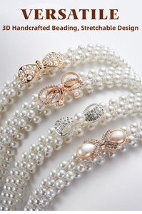 Close-up of pearl waist chain featuring an elastic band and a bow-shaped buckle
