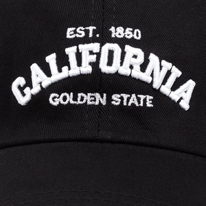 Black cotton baseball cap featuring white California Golden State embroidery
