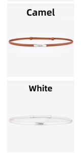 Detail view of thin camel and white leather waist belts with silver metal sliding buckles