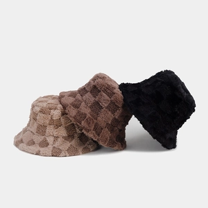 Winter plush checkerboard bucket hats in khaki, brown and black with faux fur texture