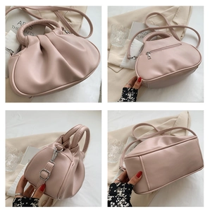 Pink pleated cloud bag details showing four angles with top handle and back zipper pocket