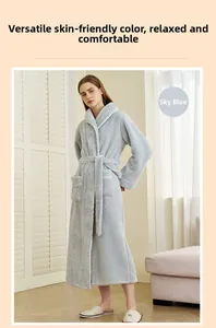 Close-up of sky blue coral fleece bathrobe with lapel collar and waist tie for winter