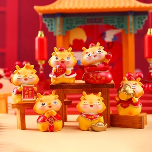 Set of 6 festive resin dragon figurines holding gold ingots and lucky scrolls