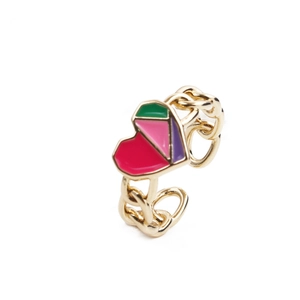 Adjustable gold chain ring with colorful heart enamel featuring retro geometric design
