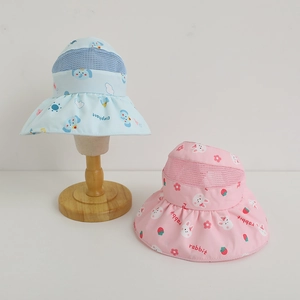 Detail of kids breathable mesh sun hat showing wide brim and cute animal graphics
