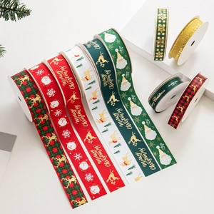 Christmas Ribbon Bronzing Polyester Grosgrain Satin Snowflake Elk Merry Christmas Printed Gift Wrapping DIY Decor