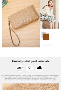 Detail of hand-woven straw wallet with wristlet strap and metallic bronze texture