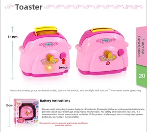 Detailed view of pink toy toaster with simulated toast and timer for kids kitchen play