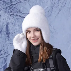 Women Winter Beanie Hat And Plush Gloves Warm Windproof Earflap Pompom Touchscreen Outdoor Knitted Faux Fur Accessory