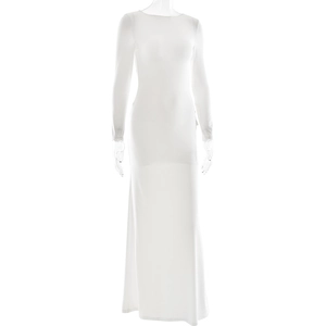 Detail view of a white long sleeve slim fit maxi dress on a transparent mannequin