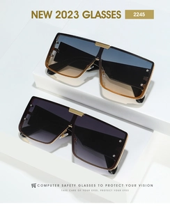 Detail view of square gradient lens sunglasses with stylish metal bridges and rivets