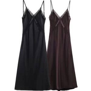 Robe À Bretelles En Satin Avec Dentelle Col En V Sans Manches Bretelles Spaghetti Élégante Robe De Soirée Longue Pour Femme