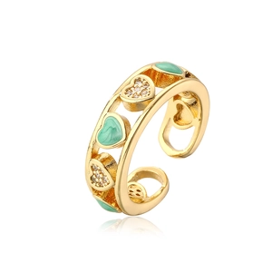 Detail of 18K gold plated open ring with teal enamel hearts and sparkling zircon stones