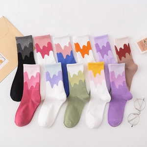 Cotton Blend Crew Socks Trend Wave Pattern Color Block Mid Calf Breathable For Women Men Novelty Aesthetic