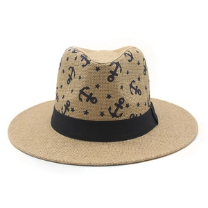 Chapeau de paille classique avec motifs d'ancres et ruban noir pour les vacances d'été