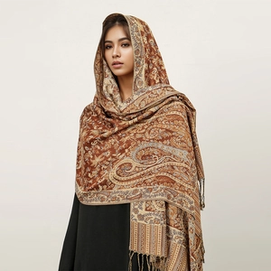 Detail of brown paisley cashmere-feel shawl with elegant tassel fringe on edges
