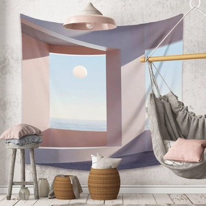 Detail showing high-quality polyester boho wall tapestry with abstract ocean scenery