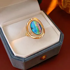 Vintage Oval Abalone Shell Open Ring For Women Copper Gold Plated Adjustable Spinner Jewelry Accessory