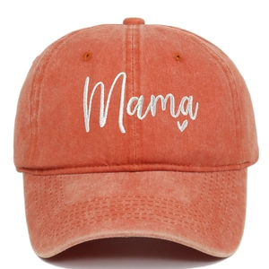 Close-up of Mama and heart embroidery on the front of a washed vintage baseball cap