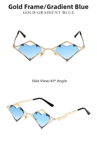 Macro detail of gold metal heart sunglasses with gradient blue lenses and side view