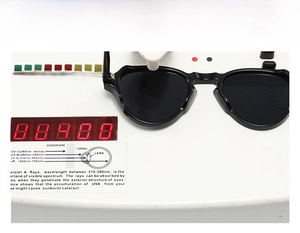 Detail showing UV400 protection test for retro round sunglasses with black frames