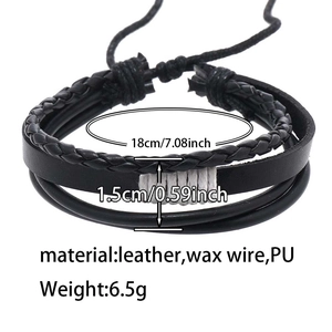 Detailed size specifications for a multilayer braided leather bracelet in black