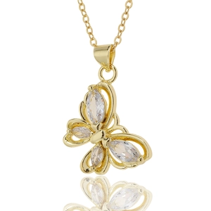 Close-up of gold butterfly pendant with marquise and teardrop crystals on a fine chain