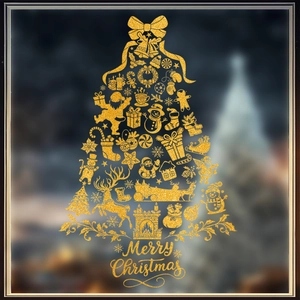 Christmas Window Stickers Golden Glitter PVC Static Cling Xmas Tree Snowman Reindeer Festive Party Glass Door Decals