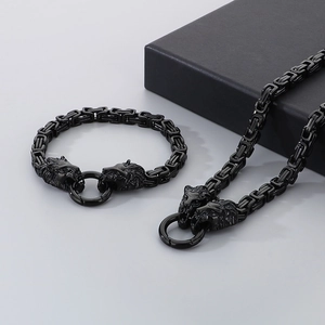 Hip hop black stainless steel lion head necklace and bracelet set in a gift box
