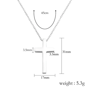 Silver titanium steel cross necklace with 45cm chain and detailed size measurements