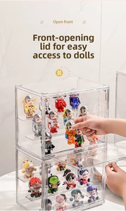 Detail of the stackable clear acrylic display box with front-opening lid for collectibles