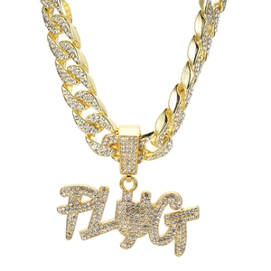 Iced-out gold Cuban link necklace with rhinestone PLUG pendant for men's hip hop style
