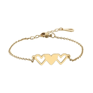 Detailed view of gold heart bracelet with 18KGP engraving on the tag and lobster clasp