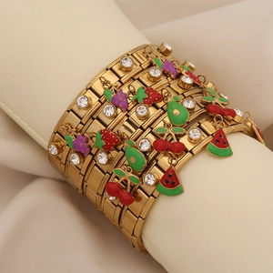 Gold stainless steel modular charm bracelet with colorful enamel fruits and zircons