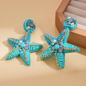 Detailed view of turquoise starfish earrings with intricate beadwork and rhinestones
