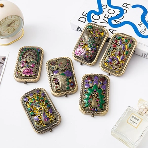 Portable Makeup Mirror Metal Folding Double Sided Travel Pocket Mirror Vintage Peacock Enamel Rhinestone For Women Elegant