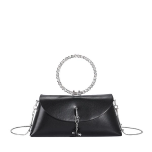 Elegant black leather handbag with sparkling rhinestone circular handle and silver chain