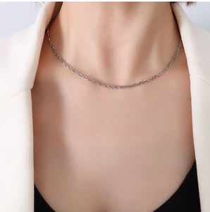 Detail of 2.1mm stainless steel square double-link chain necklace on model's neck