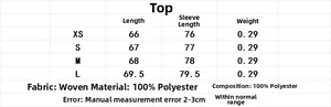 Size chart for casual layered top with dimensions in cm and 100% polyester fabric details