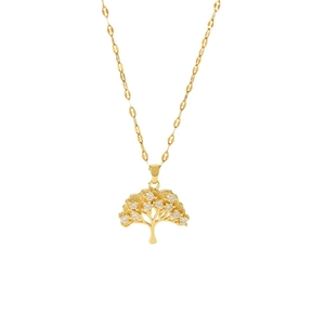 Elegant gold tree of life pendant necklace with micro-set zircon on white background