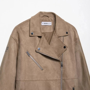 Women fashion khaki faux suede moto jacket with metallic zippers and snap button details