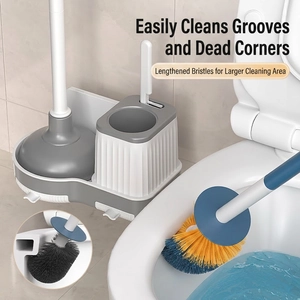 Set scopino e stantuffo per WC da parete in grigio e bianco con base salvaspazio