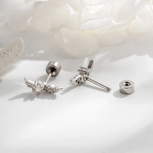Silver star earrings with angel wings and micro-set zircon on white flower background