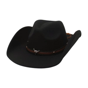 Classic black felt cowboy hat with bull head ornament and brown leather studded band
