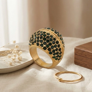 Detail of a vintage 18k gold plated ring featuring pavé set deep green crystals
