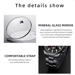 Close-up of quartz watch featuring mineral glass mirror and comfortable black strap